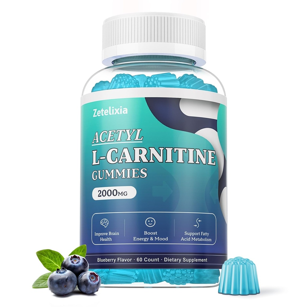 Gommies sans sucre d'acétyle L-Carnitine, supplément L-Carnitine pour les femmes et les hommes, avec vitamine C & B12, ALCAR pour l'énergie, soutien de santé cérébrale et cardiaque, végétalien, non-OGM, 60 comte