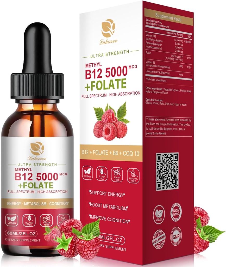 Lukaree Vitamine B12 Sublingual Drops Vegan B12 Vitaminen Liquid-Full Spectrum-Methylcobalamine, Adenosyl & Hydroxy B12, for Energy, Focus, Mood & Immune Support - 2 month supply, 2 fl oz