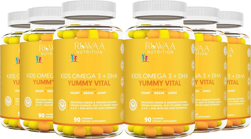 RUWAA NUTRITION Kinderen Omega 3 Gummies DHA EPA Omega 3 Supplement Kids. Geen Fish Oil After-Taste Vegan Omega 3 6 9 + DHA Gummies & Vitamin C. Cognitive Health, Focus, Vision. Kinderen Omega 3 540ct (6)