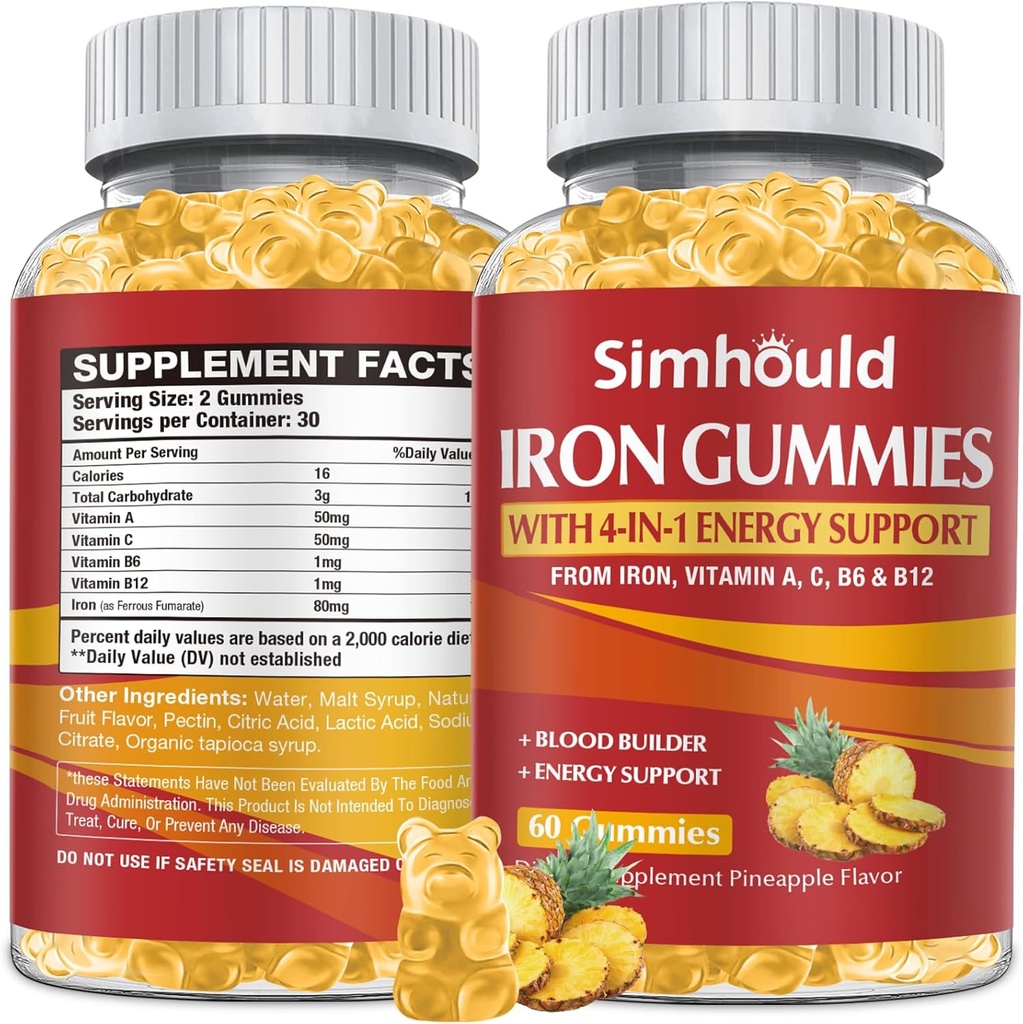 1 Pack Vegan 80MG Iron Supplement Gummies for Women & Men - Vitamin A, C, B for Adults & Kids - Blood & Builder & Energy Support for Iron Deficency, Anemia - 60 Counts Ananas Smaak Gummies