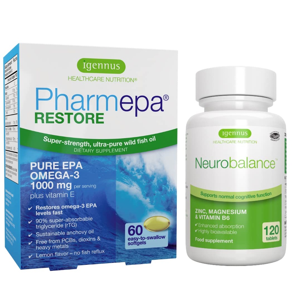 Igennus Pharmepa Restore EPA + Neurobalance Zinc, Magnésium et Vitamine B6 Ensemble santé d'humeur pour l'attention et la focalisation
