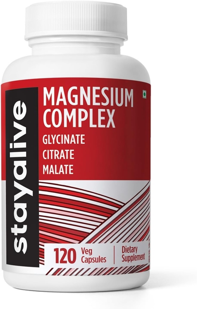 STAY LIVE Triple Magnesium Complex Supplement 500mg, Chelated Glycinate, Citrate & Malate Powder, High Absorptie Magnesium for Women and Men, 120 Pills, Non-GMO & Glutenvrije Capsules
