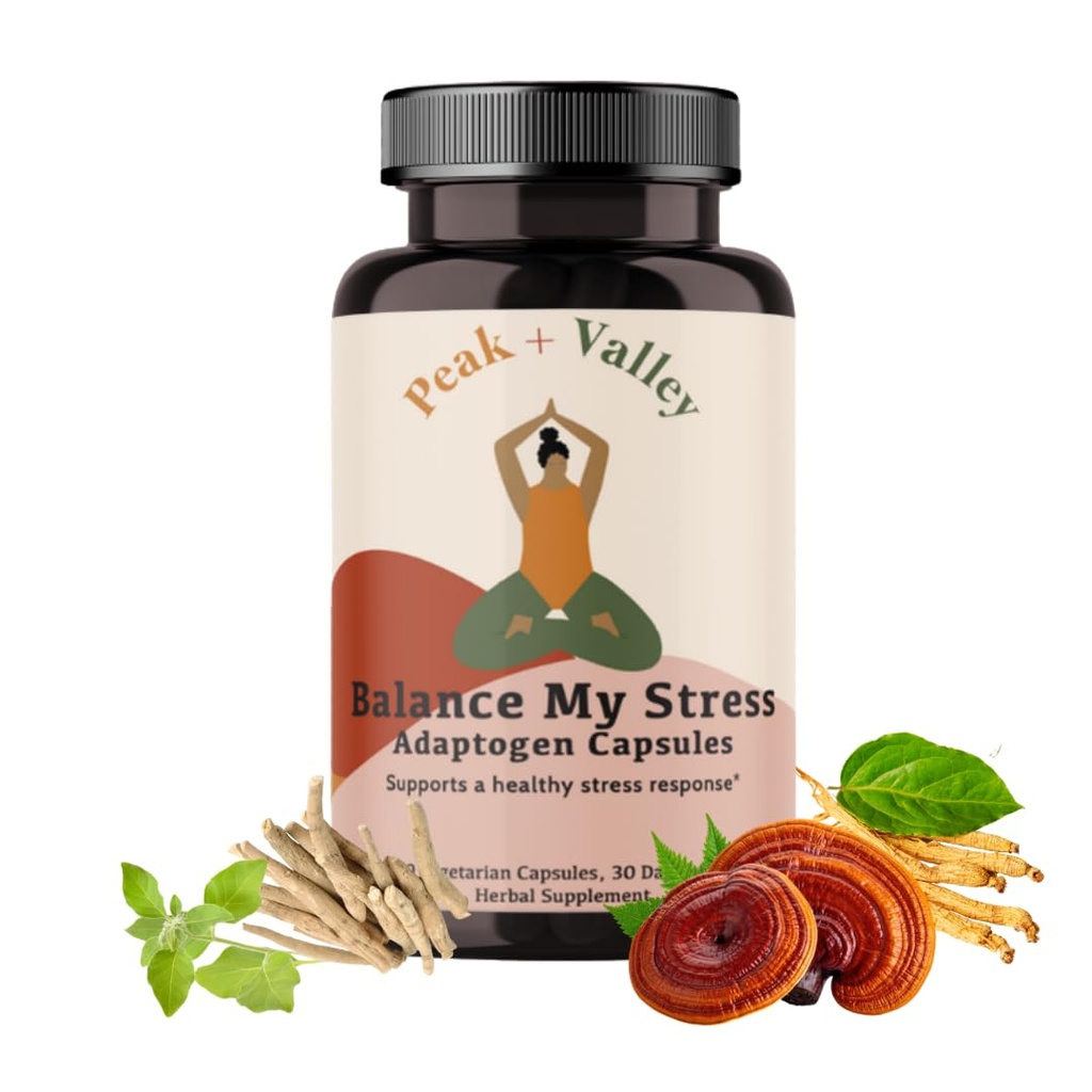 Peak + Valley Stress Relief Supplement voor Mood Support Balance My Stress Capsules - Bevat Adaptogenen, Ashwagandha, Eleuthero Root, Reishi Mushroom Supplement - Natural Mood Stabilizer - 60 Ct