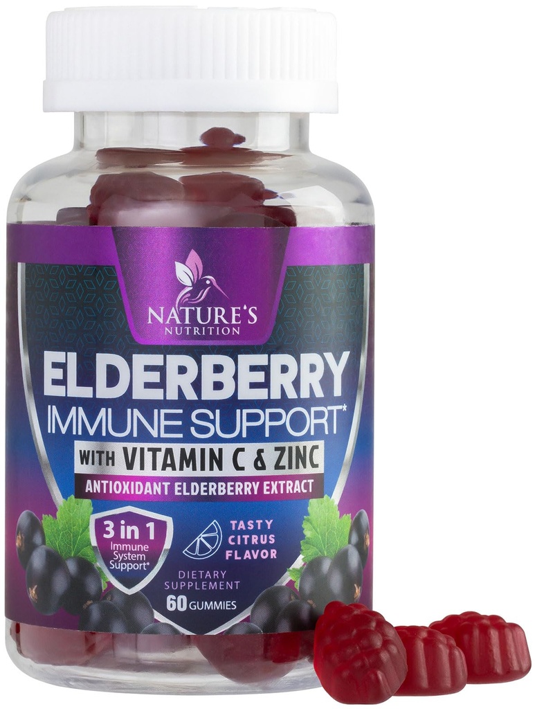 Immune Support Gummies - Sambucus Vlierbessen Gummy met vlierbessenextract, zink en vitamine C, natuurlijke veganistische Immune Support Supplement voor volwassenen en kinderen, Gummy Vlierbessen Vitaminen - 60 Gummies
