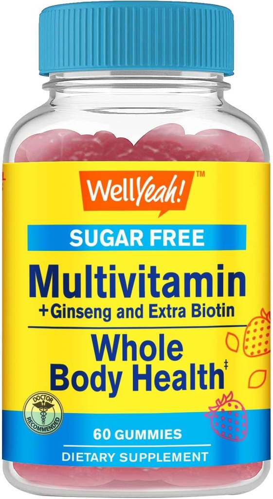 Multivitamine Suikervrije Gummies met Ginseng, Vitamine A, C, D3, E, B12, B6, B1, B2, B5, Niacin, Foliumzuur, Biotine, Jodium, Zink, Chroom, Molybdeen, Lycopeen, Inositol - Vegan - 60 Gummies