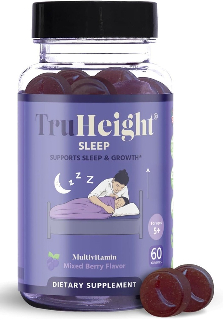 TruHeight Slaap Gummies - Kids & Teen Natural Slaaphulp voor maximale groei - Pediatrie Aanbevolen - Kids Melatonine Gummy - Melatonine, Ashwagandha, L Theanine, Lemon Balm, Leeftijden 4+, Gemengde Berry Flavor