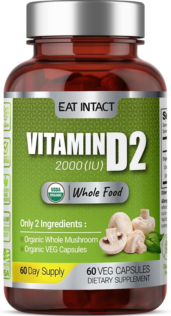Vegan Whole Food Vitamin D, 2000 IE (50 mcg), D2, Two Ingredients (Organic Whole Mushroom and Organic Vegan Capsule), Non-GMO, Third Party Tested, 60 Day Supply