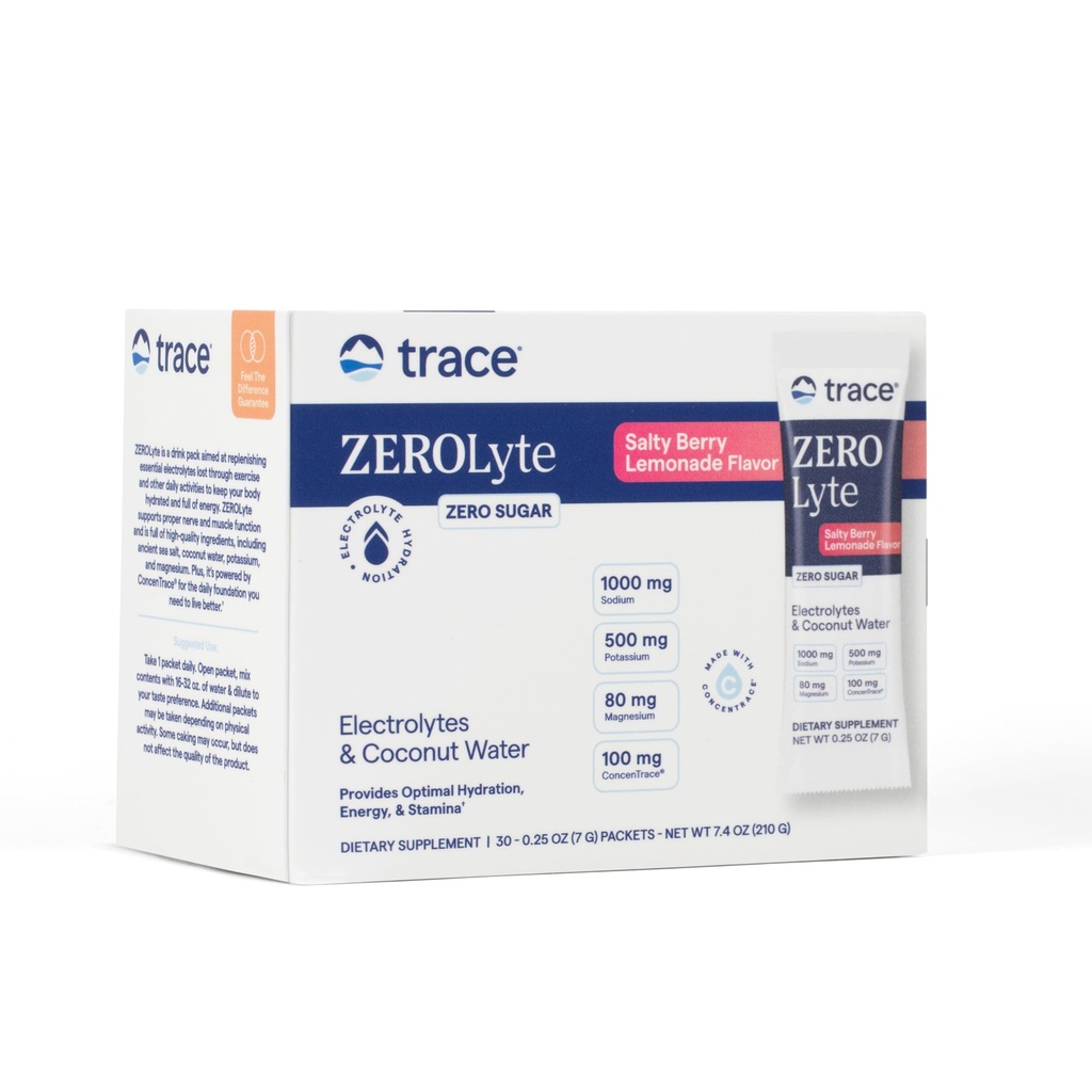 Trace Minerals ZeroLyte - Boisson Mélange Poudre Supporte Hydratation et Énergie - Aides Fonction Nerve et Muscle Santé - Soutien Heart & Digestion Santé - Limonade Saltée Berry, 30 Packets (30 Serviettes)