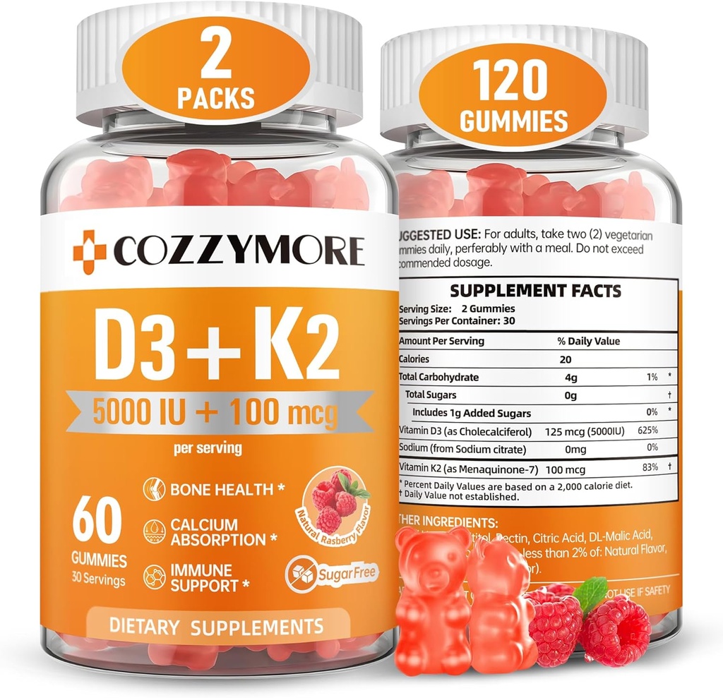 Suikervrije vitamine D3 K2 Gummies, Vitamine D Gummies Supplement, 10000 IE + 200 mcg D3 en K2 Supplementen, Smakelijke Gummy Vitaminen, Ondersteuning voor Bones Spiertanden Immune, 60 Servers 120 Gummies, Raspberry