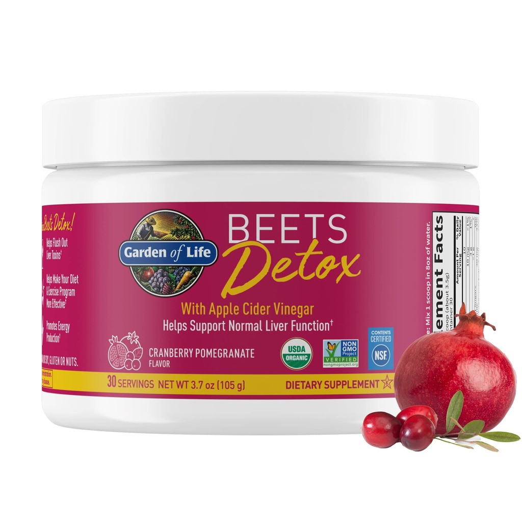 Jardin de la vie poudre de racine de betterave biologique avec des antioxydants, vitamine C, probiotiques et vinaigre de cidre de pomme pour la santé digestive et foie – Detox betteraves – végétalien, non OGM, grenade aux canneberges, 30 portions