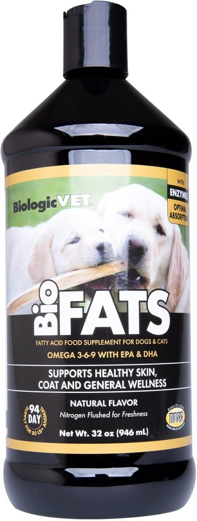 BiologicVET BioFATS - Bevat Omega's 3, 6 & 9 - met EPA, DHA & ALA - voor hond en kat - huid en gezamenlijke gezondheidsondersteuning - Inclusief vis, vlaszaad en olijfolie - 32 fl. oz.