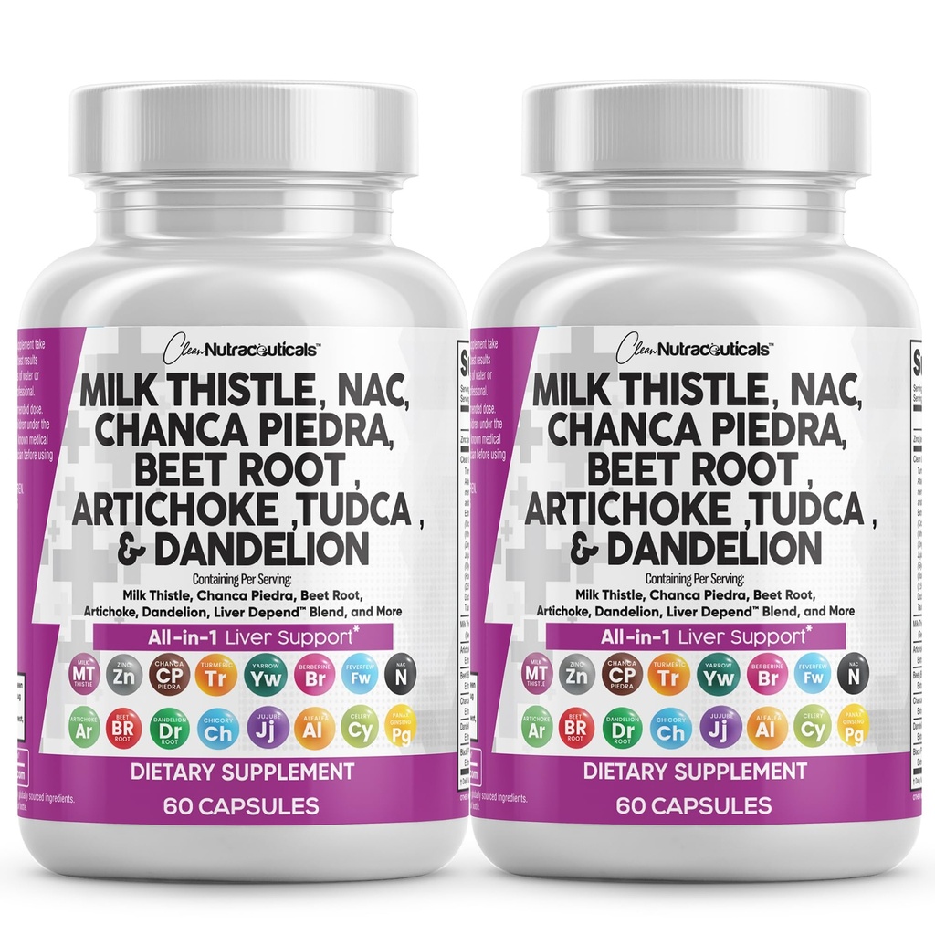 Nutraceutiques propres Thistle de lait NAC Chanca Piedra Racine de betterave Artichaut Racine de dandelion - Supplément de nettoyage du foie Plus TUDCA Choline & Ginger - 2Pack