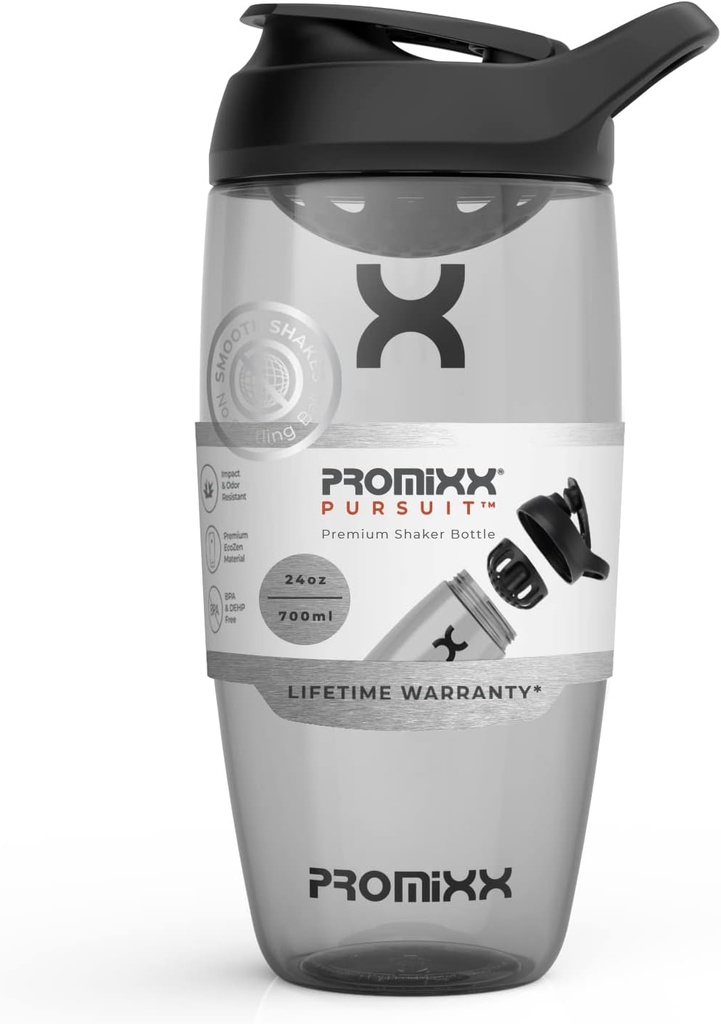 Bouteille de shaker protéinique Promixx (24 oz) – Mélangeur silencieux sans bille, couvercle de fuite-proof, ECOZEN sans BPA/BPS et sans phtalate – Coupe de shaker facile à nettoyer pour les smoothies pré- & post-entraînement