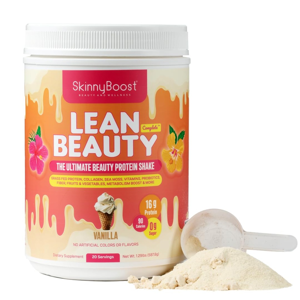 Lean Beauty Collagen Protein Shake – Vanilla , poudre de remplacement de repas avec lactosérum, collagène hydrolysé, vitamines, fibres et nutriments de beauté , soutient cheveux, peau et ongles , sans sucre , tout naturel , 20 portions