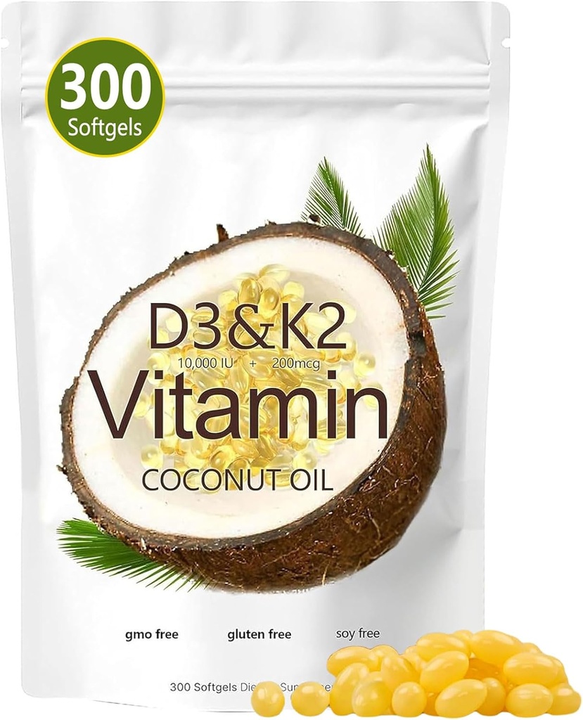 Vitamine D3 K2 Softgel, D3 K2 Vitamine 10000 IE, 10000 IE VIT D3 + 200 MCG Vitamine K2, vrij van GGO's, Gluten, Soja, Bone Health, ondersteunt Calcium Absorptie, 300 Gels