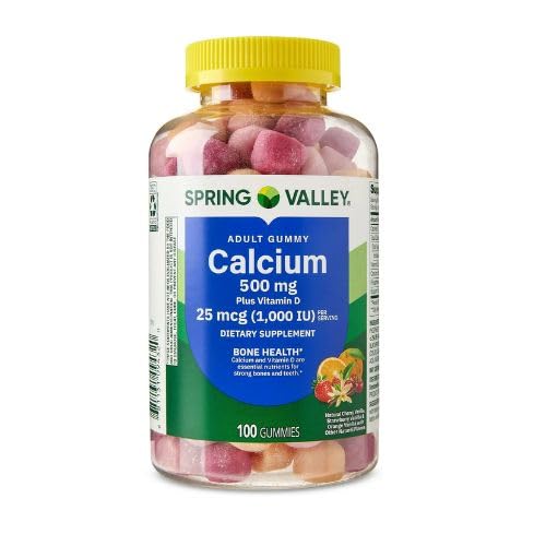 Spring Valley Calcium 500 mg Plus Vitamine D 25 mcg Bone Health Dieetsupplement Gummies, 100 Tel + DRI Store Sticker.