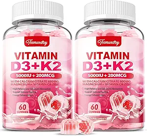 Vitamine D3 K2 Supplément pour adultes - Vitamine D3 5000 UI + K2 200 mcg - Vit D3 K2 Gummies avec Calcium 600mg Magnésium Zinc & Vitamine C pour femmes Hommes - Soutiens B0ne, Immune musculaire - 120 Compte