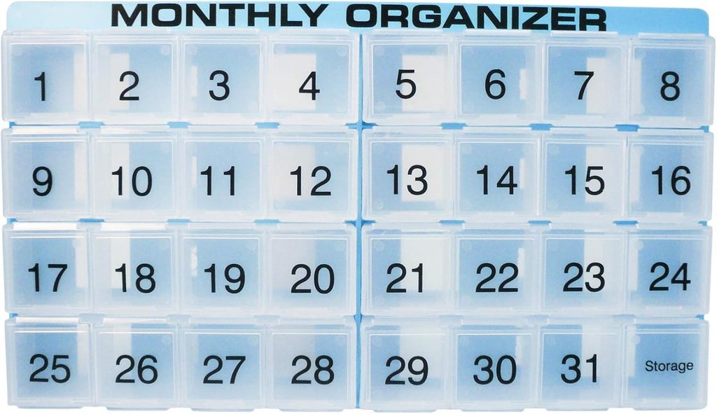 Organisateur mensuel de pilules : 31 compartiments, 1 par jour, 4 semaines Mois complet Organisateur de pilules : 31 jours Comprend le bac et 8 compartiments amovibles