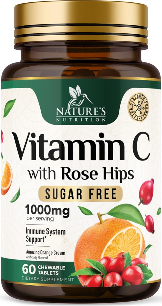 Vitamine C Kauwbaar 1000mg - Extra sterkte Antioxidanten voor krachtige Immune Support w/Vitamine C & Rose HIPS - Potent Dietary VIT C Kauwen supplement, Natuurlijke Oranje smaak, Veganist, Non-GMO - 60 tabletten