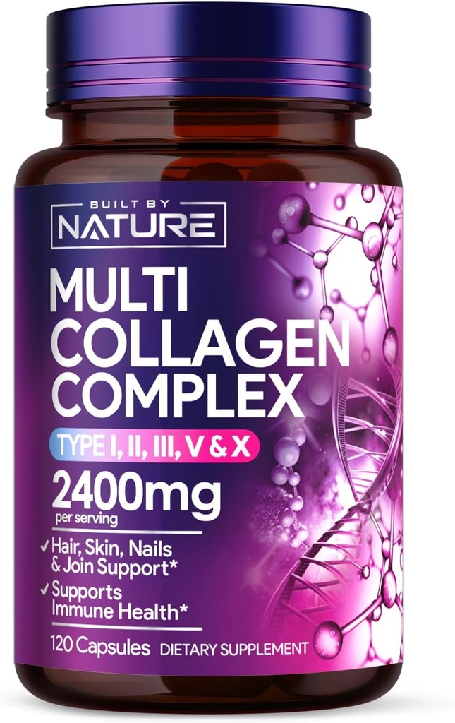 Gebouwd door Nature Collageen Pillen Multi Collageen Peptides Complex Supplement voor vrouwen Type I, II, III, V, X voor haar, huid, nagels, gewrichten & Bone Health - Gehydrolyseerd, Grass-Fed - 120 Capsules