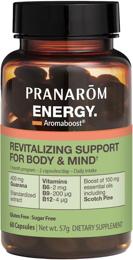 Pranarom - Aromaboost Energy Herbal Supplement - for Physical and Mental Fatigue - Guarana - Vitamins B6 B9 B12 - Pure Scots Pine Essential Oil - 60 Count