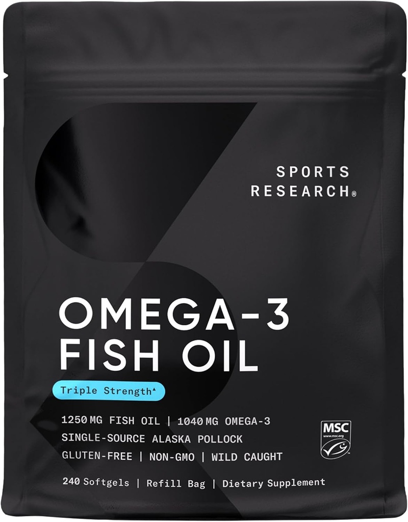 Sportonderzoek Triple Strength Omega 3 Visolie - Burpless Fish Oil Supplement w/EPA & DHA Vetzuren van Wild Alaska Pollock - Hart, hersenen & Immuun Ondersteuning voor mannen & vrouwen - 1250 mg, 240 st.