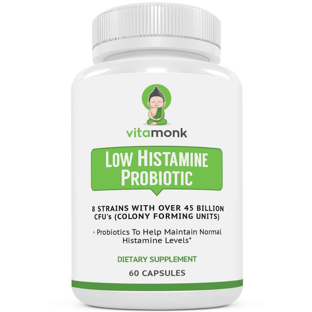 VitaMonk Low Histamine Probiotica bestrijden Histamine Onverdraagzaamheid en ondersteuning Balanced Gut Health - Histamine Free Probiotic for Those Seeking Health Improvements with Histamine Control -60 Capsules
