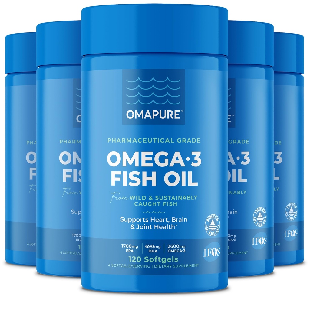 Visoliesupplementen met Omega 3 vetzuren (5 flessen, 120 softgels) - Hoge EPA, DHA, & IFOS Visolie Pillen ondersteunen Hart & Joint Health - Burpless Fish Oil bevordert hersenfunctie