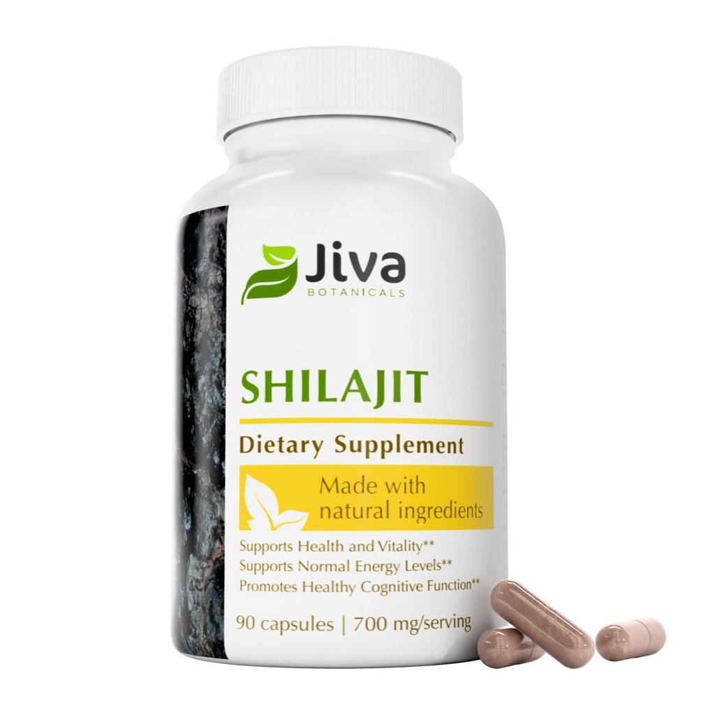 Jiva Botanicals Capsules Shilajit 700 mg – Extrait Shilajit avec l'acide fulvic – Supplément Shilajit pour les hommes et les femmes – 90 Capsules Vegan pour le bien-être quotidien - 90 Compte (paquet de 1)
