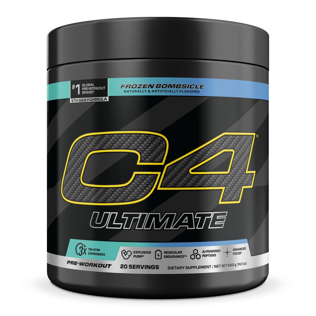 C4 Ultimate Pre Workout Powder - Sugar Free Preworkout Energy Supplement for Men & Women - 300mg Cafeïne + TeaCrine + Dynamine + Creatine - Frozen Bombsicle, 20 Servers