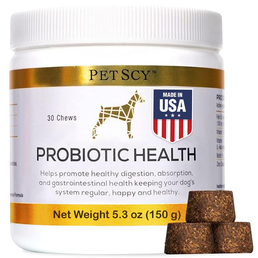 PetScy - Probiotic Kauwen voor Honden, Probiotic voor Honden van alle leeftijden, Maten & Ras met Prebiotic Fiber en Pure Omega-3 Verbetert huid, jas, en Gut Health, 30 Kauwen