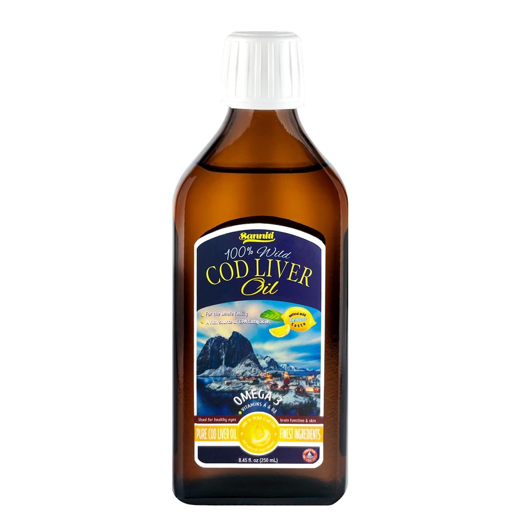 Sanniti Huile de foie de morue 100 % naturelle, 1081 mg Acides gras oméga-3 totaux, Nordique sauvage, 250 ml (8,4 oz) (Lemon)