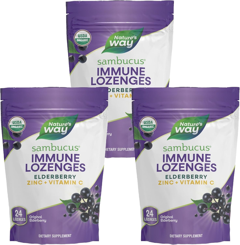 Nature's Way Sambucus Immune Lozenges, Zink + Vitamine C, Zwarte Vlierbes Extract, USDA Certified Organic, Original Berry Flavored, 24 Lozen (Verpakking mei Vary) - 3 Pack