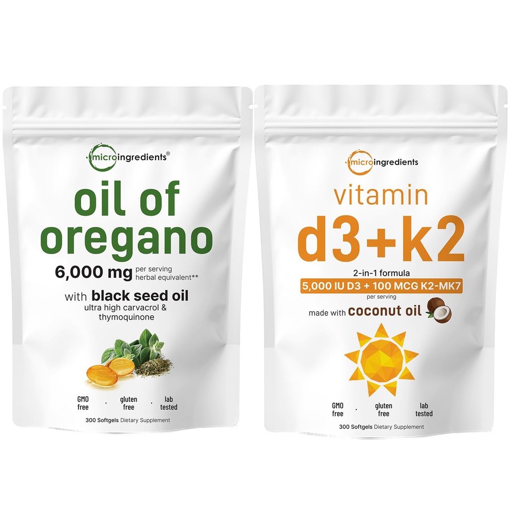 Micro Ingrediënten Olie van Oregano Softgels 6000mg Per Serving & Vitamin D3 5000 IE Plus K2 (MK-7) 100 mcg, 300 Virgin Coconut Oil Softgels Bundle Pack