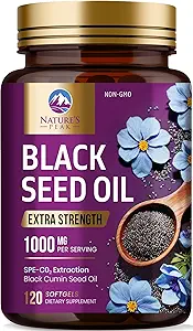 Black Seed Oil 1000mg - Premium Extra Strength Nigella Sativa Black Seed Oil - Black Seed Oil Skin, Digestive Health & Immune Support - Non-OGM Antioxydant, Supplément sans gluten - 120 Softgels