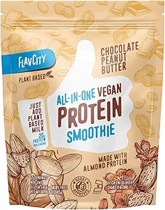 Poudre de protéines végétaliennes FlavCity - Beurre d'arachide au chocolat - 20g Almonde, poudre de protéines à base végétale - Shake sans lait - avec des fruits biologiques, des champignons Reishi & Cordecyps - Aucun mélangeur nécessaire (15 portions)