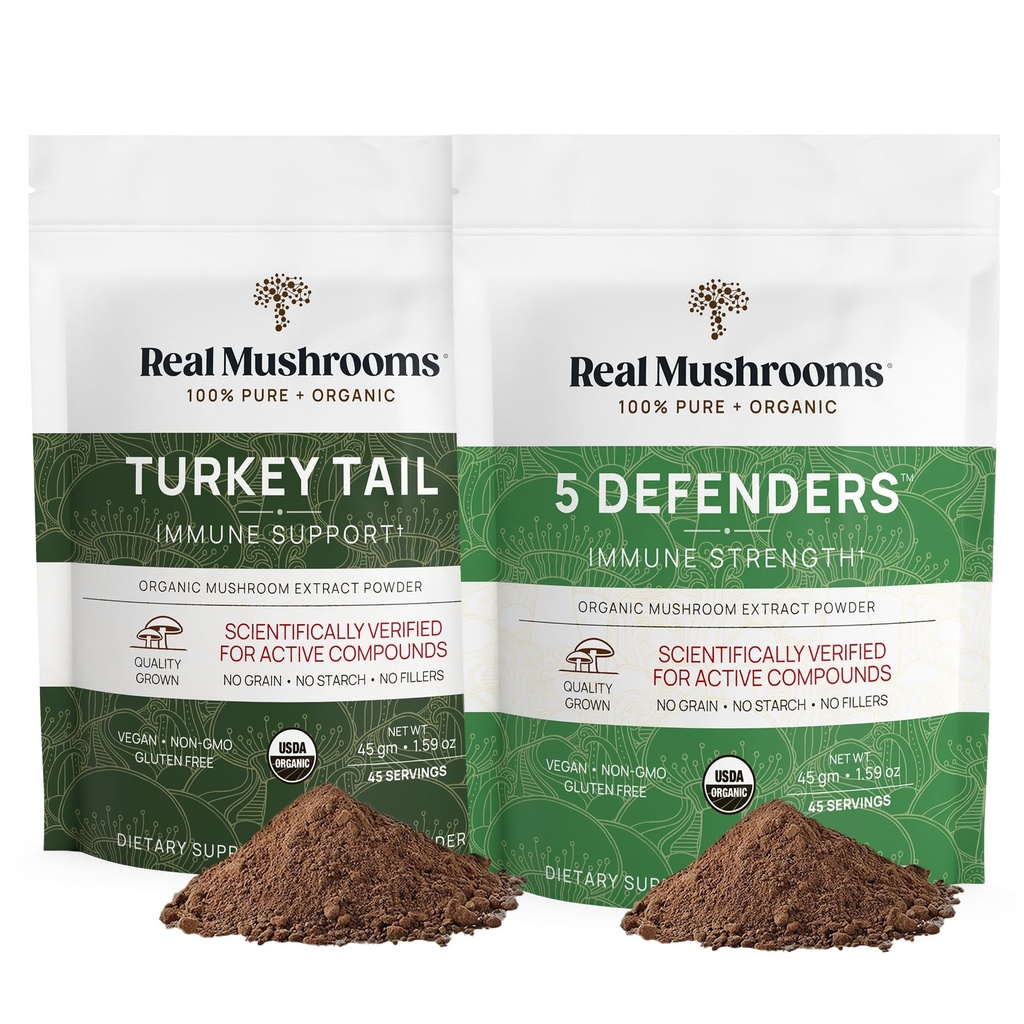 Echte Paddestoelen Turkije staart (45g) en 5 Verdedigers (45g) Paddestoelen Extract Powder Bundle - Paddestoelen Supplement voor Immune Strength - Veganistisch, Non-GMO Immunity Supplement