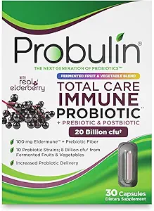 Probulin Total Care Immune = Prebiotica + Probiotica + Postbiotica + Vlierbes ter ondersteuning van Immune & Gut Health - 20 miljard CFU - 10 Probiotische Strains, 30 Vegan Capsules