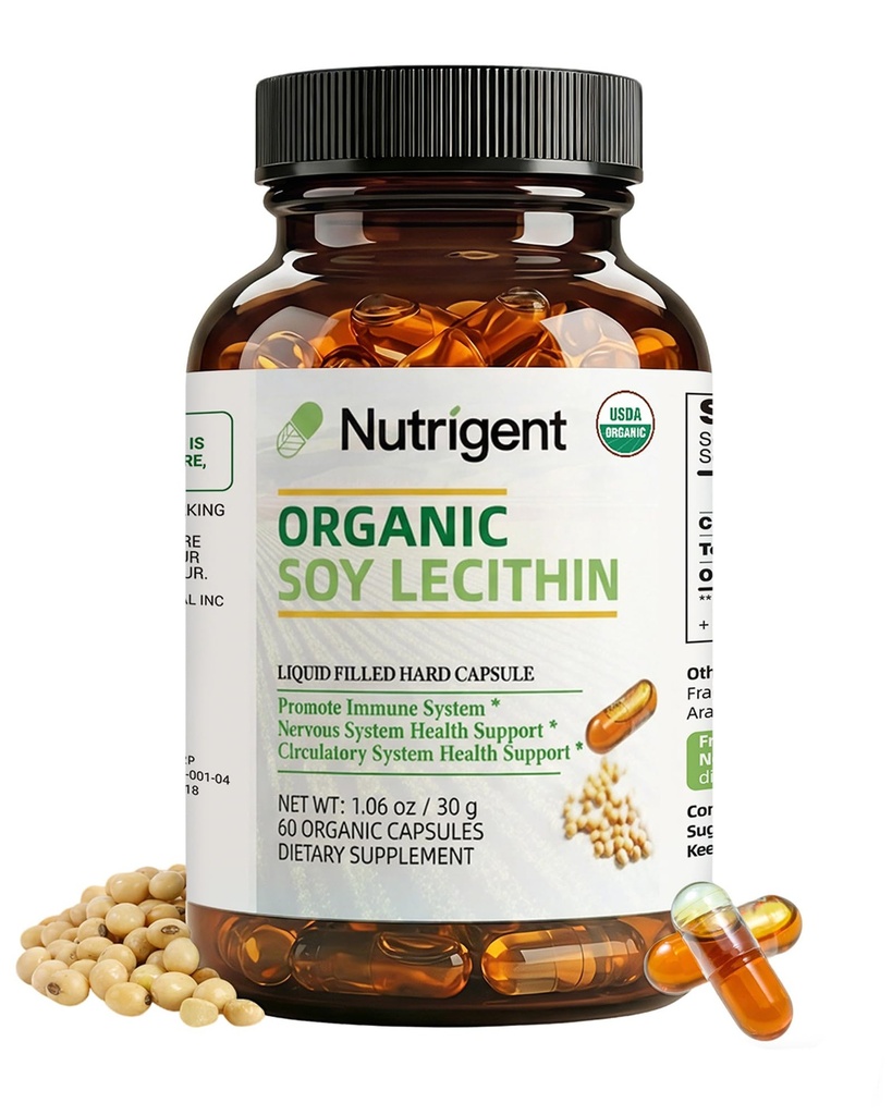 USDA Organic Soy Lecithin Supplement 800 mg, High Absorptie Liquid Organic Capsules, Choline Lecithin Supplement for Brain & Liver Health Support, Non-GMO, Glutenvrij, 60 Tellen