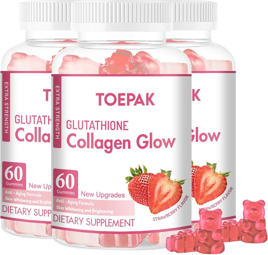 Multi Collageen Proteïne Glow Beauty Collageen Gummies, Vrouwen Anti-Aging Ondersteuning met Glutathion, Biotine & Multivitaminen, bevordert huid en haar gezondheid, aardbei, 180 Gummies (90 dagen)