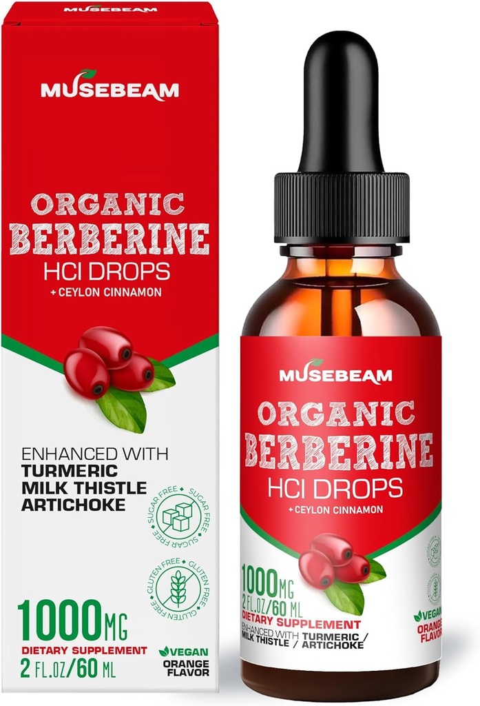 Biologische Berberine HCl 1000mg Liquid Drops - met Ceylon Cinnamon Turmeric Milk Thistle Artichoke - Hoge biologische beschikbaarheid Supplement voor mannen Vrouwen - Vegan Sugar Free Gluten Free 2fl. oz (60ml)