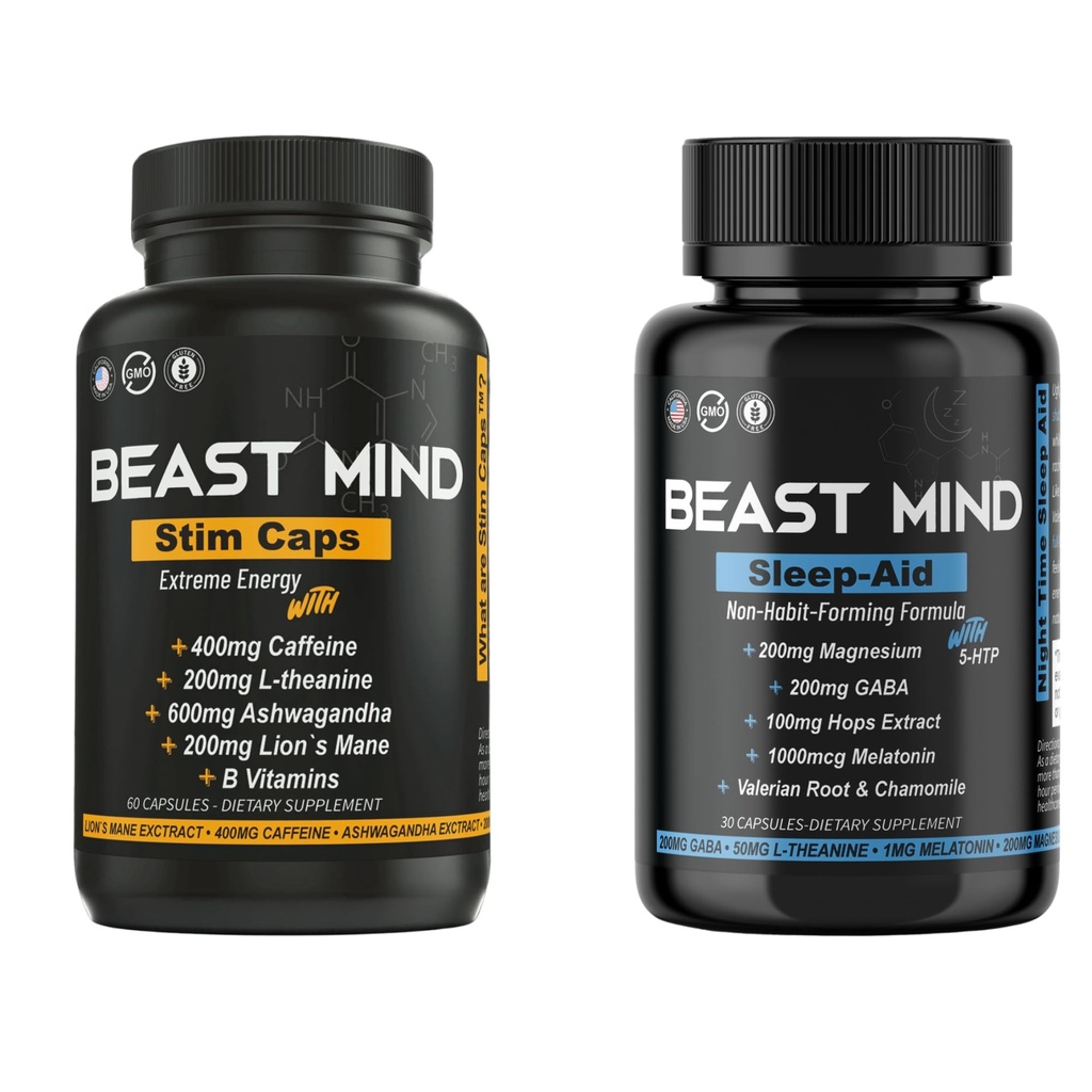 Dag en nacht energie met slaaphulp bundel 400mg cafeïne 600mg ashwagandha 