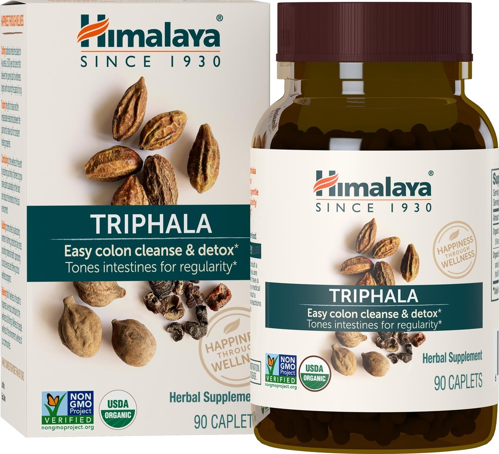 Himalaya Organic Triphala, 90 Day Supply - Digestive Health Supplement for Colon Cleanse & Occasional Bloating and Constipatie Relief - USDA Organic, Vegan, Non-GMO, Glutenvrij, 688 mg, 90 Caplets