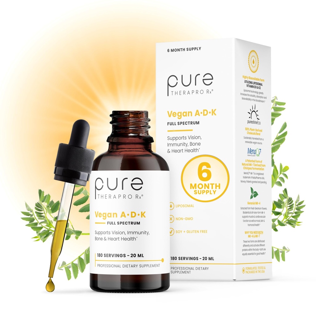 Pure TheraPro Rx Vegan A-D-K Drops-6 Mon Supply-Vitamine A(Palmitate & Betacaroteen), Liposomal Vitamine D3(as vegan cholecalciferol), Liposomal Vitamine K2(MK-4 & MK-7)Ondersteunt Immunity & Bone Health-20ml
