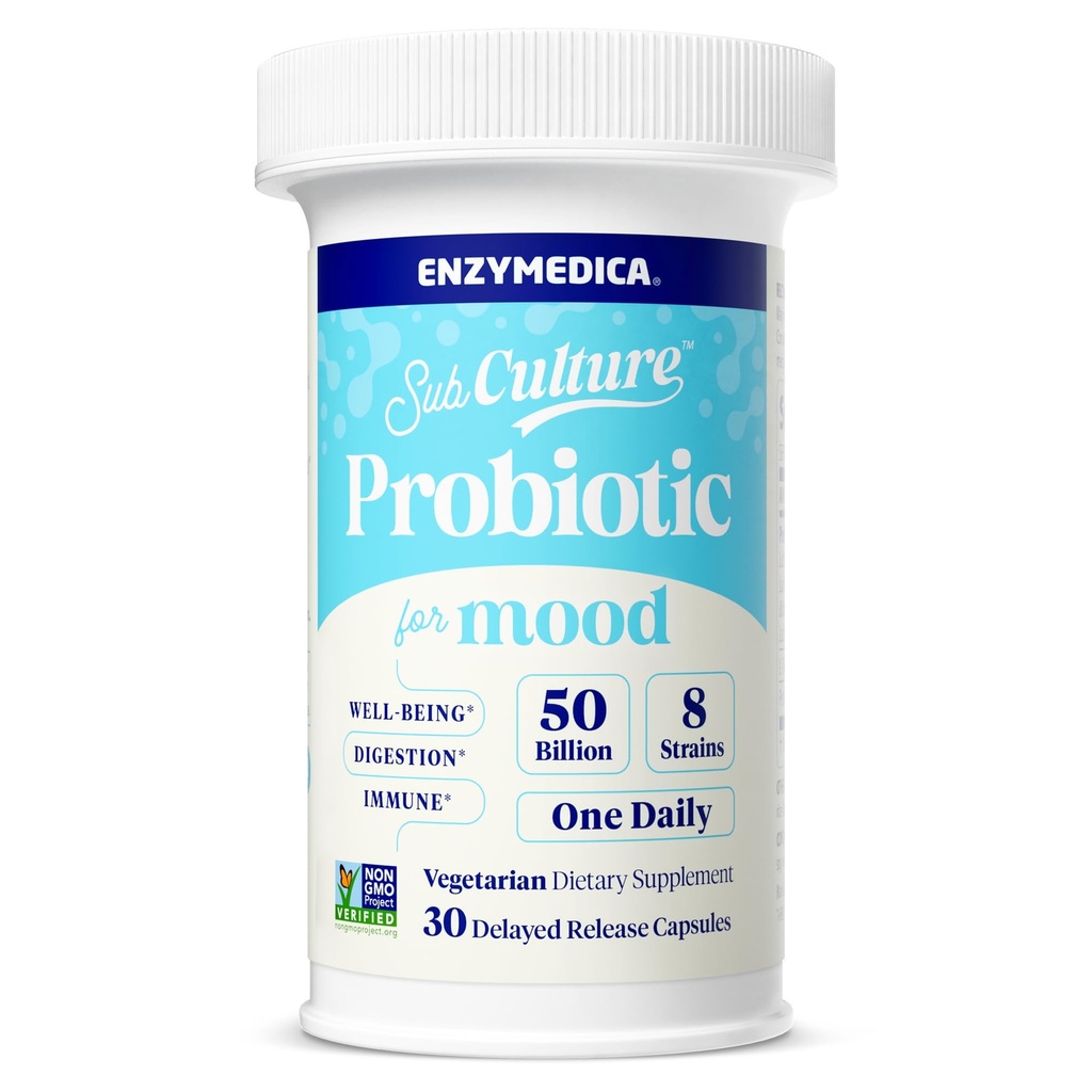 Enzymedica SubCulture Probiotica voor Mood, Stress, & Slaap, 50 miljard CFU, bevordert ontspanning, Immune + Digestieve Gezondheid & Regularity, 30 Tel.