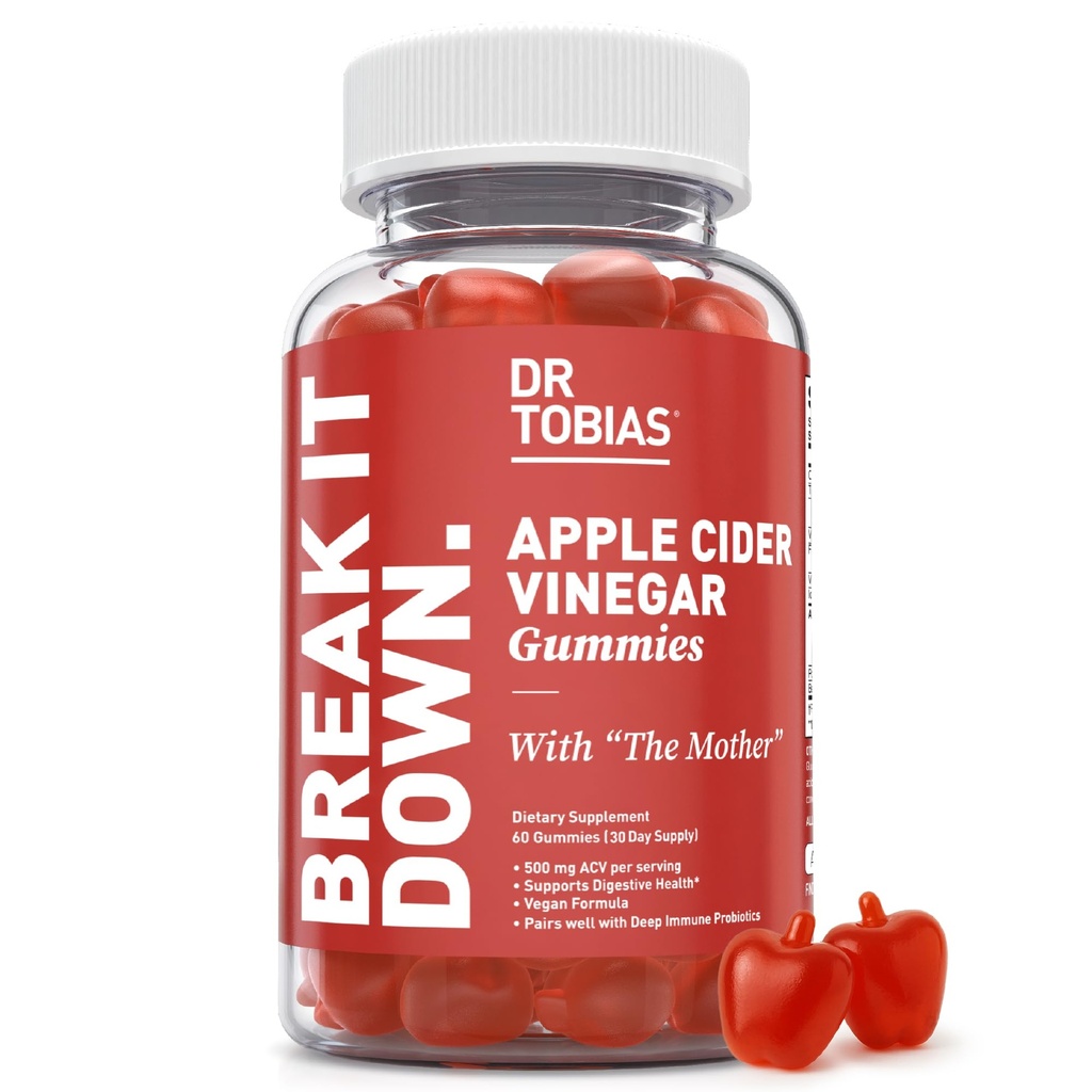 Dr Tobias Cider Vinegar Gommies avec la mère, 500mg de vinaigre de cidre de pomme par portion, plus folate, B6, B12 & Iodine, soutient la santé digestive, Gut Cleanse & Detox, Vegan, 60 Gommies