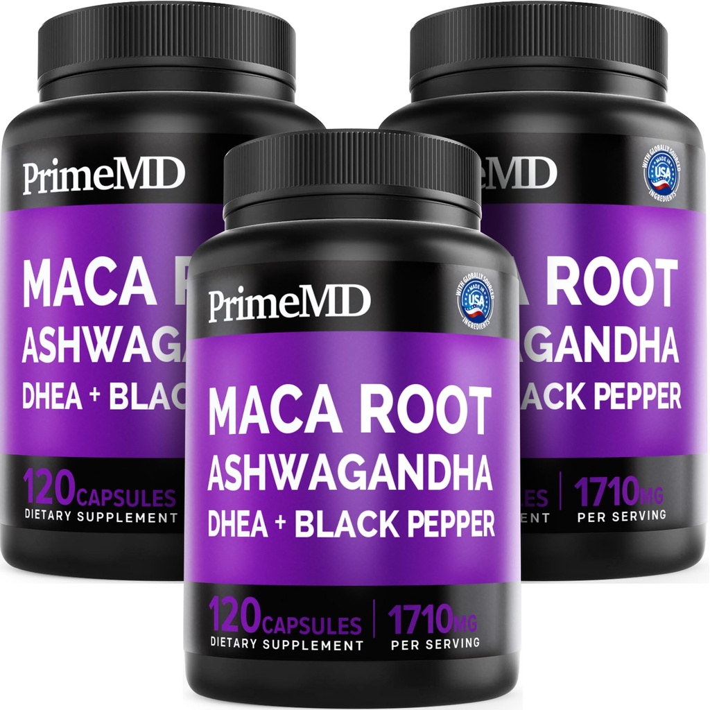6-in-1 Biologische Maca Root Ashwagandha Capsules 1710mg met DHEA en Black Pepper Fruit Extract voor vrouwen en mannen - Black Maca Supplement voor uithoudingsvermogen, Bone en Mood Ondersteuning Supplement, 120ct (pack of 3)