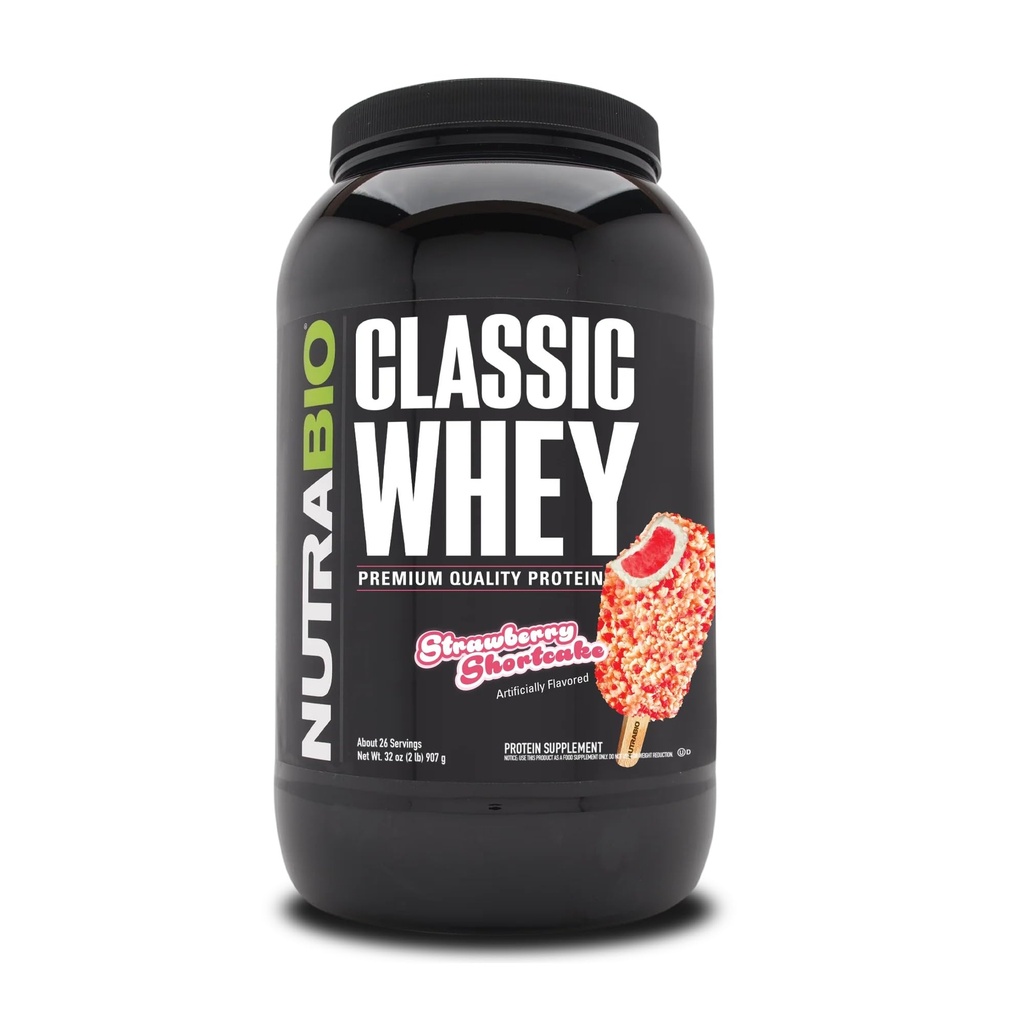 Supplément en poudre aux protéines de lactosérum classique de NutraBio - 25g de protéines par scoop - Profil d'acide amino à spectrum complet sans remplissage, colorants artificiels ou conservateurs - shortcake aux fraises, 2 livres
