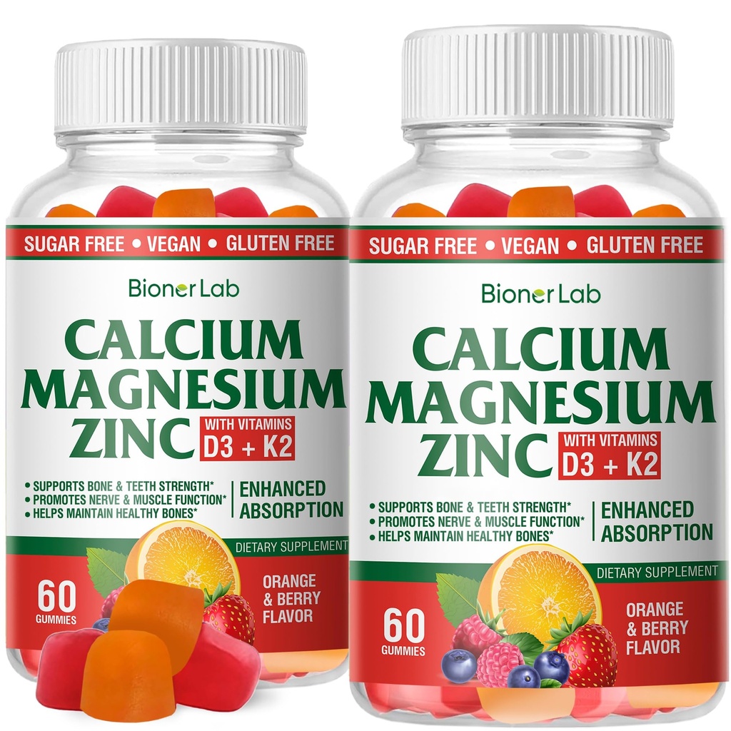 BionerLab Calcium Magnesium Zink Gummies met Vitamine D3 & K2 - Hoge Potentie Verbeterde Absorptie - Oranje en Berry Gearomatiseerd