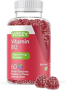 Viteey Vitamine B12 Gummies - Soutien cognitif et énergie Gummies - Vegan, sans gélatine, sans gluten - 60 Compte